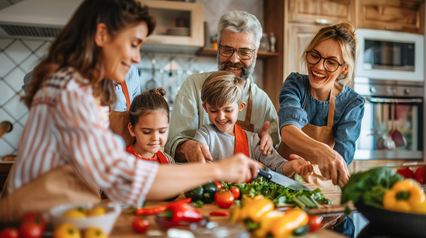Різноманітні свіжі продукти та збалансовані страви для здорового харчування